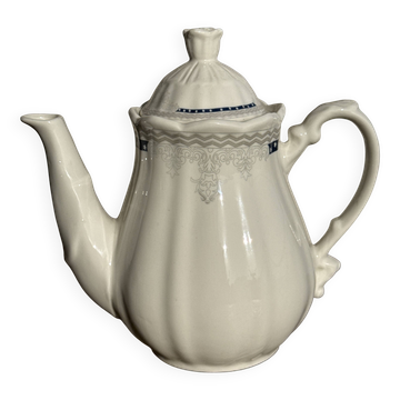 White earthenware teapot with blue and silver trim H22.5