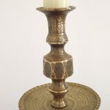 Tall Heavy Brass Electrified Moroccan Candlestick Lamp Mid-20th Century