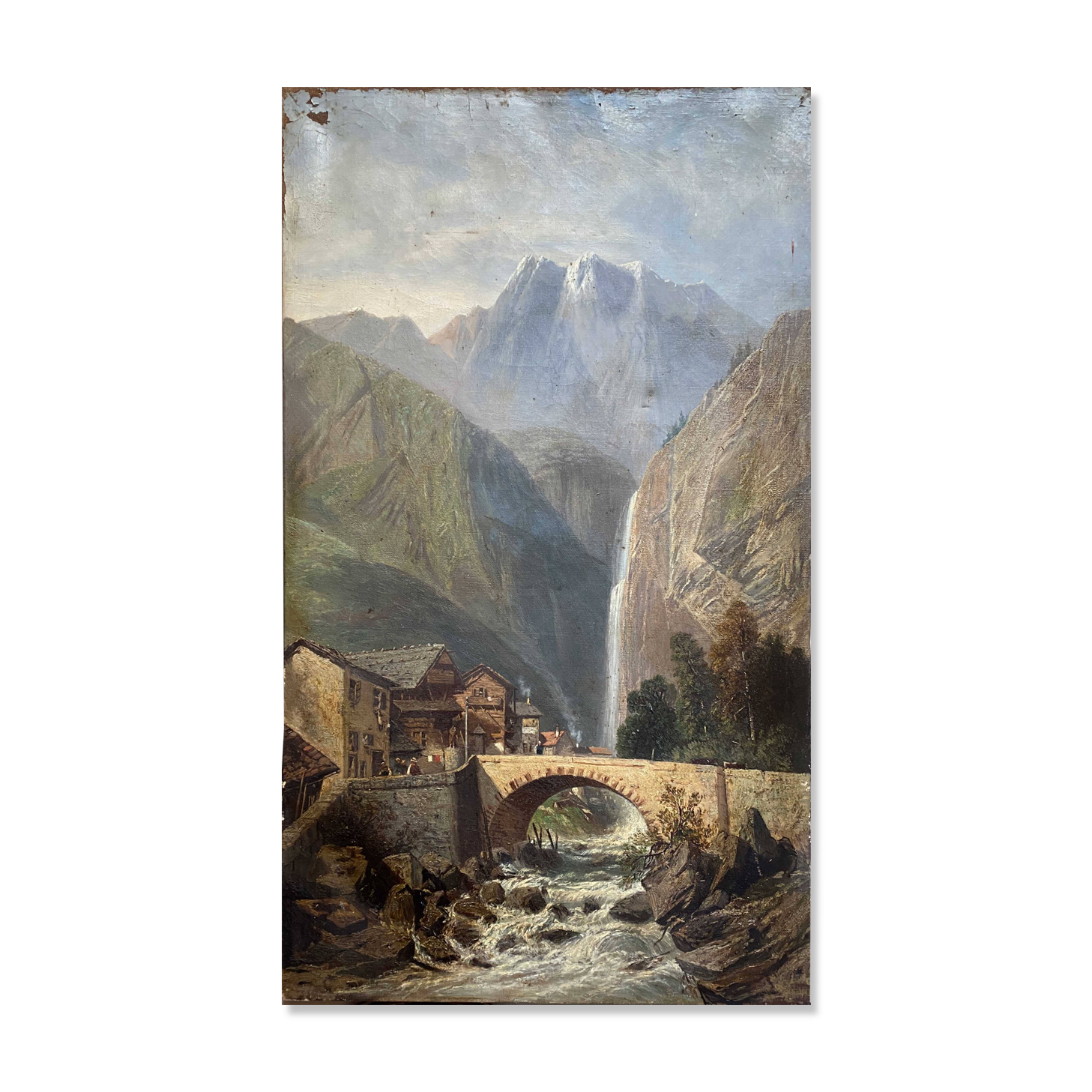 19th century HST painting "lively mountain village with torrent and waterfall"