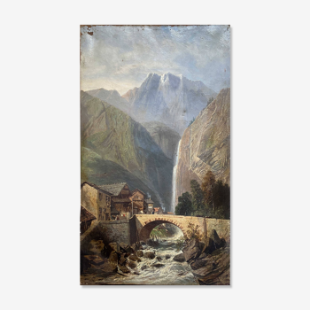 Tableau XIX° HST "Village animé en montagne avec torrent et cascade"
