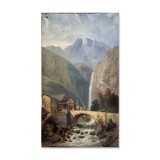 19th century HST painting "lively mountain village with torrent and waterfall"