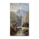 19th century HST painting "lively mountain village with torrent and waterfall"