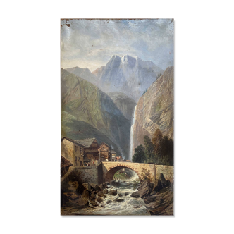 19th century HST painting "lively mountain village with torrent and waterfall"