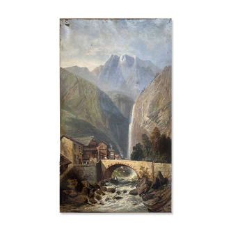 Tableau XIX° HST "Village animé en montagne avec torrent et cascade"