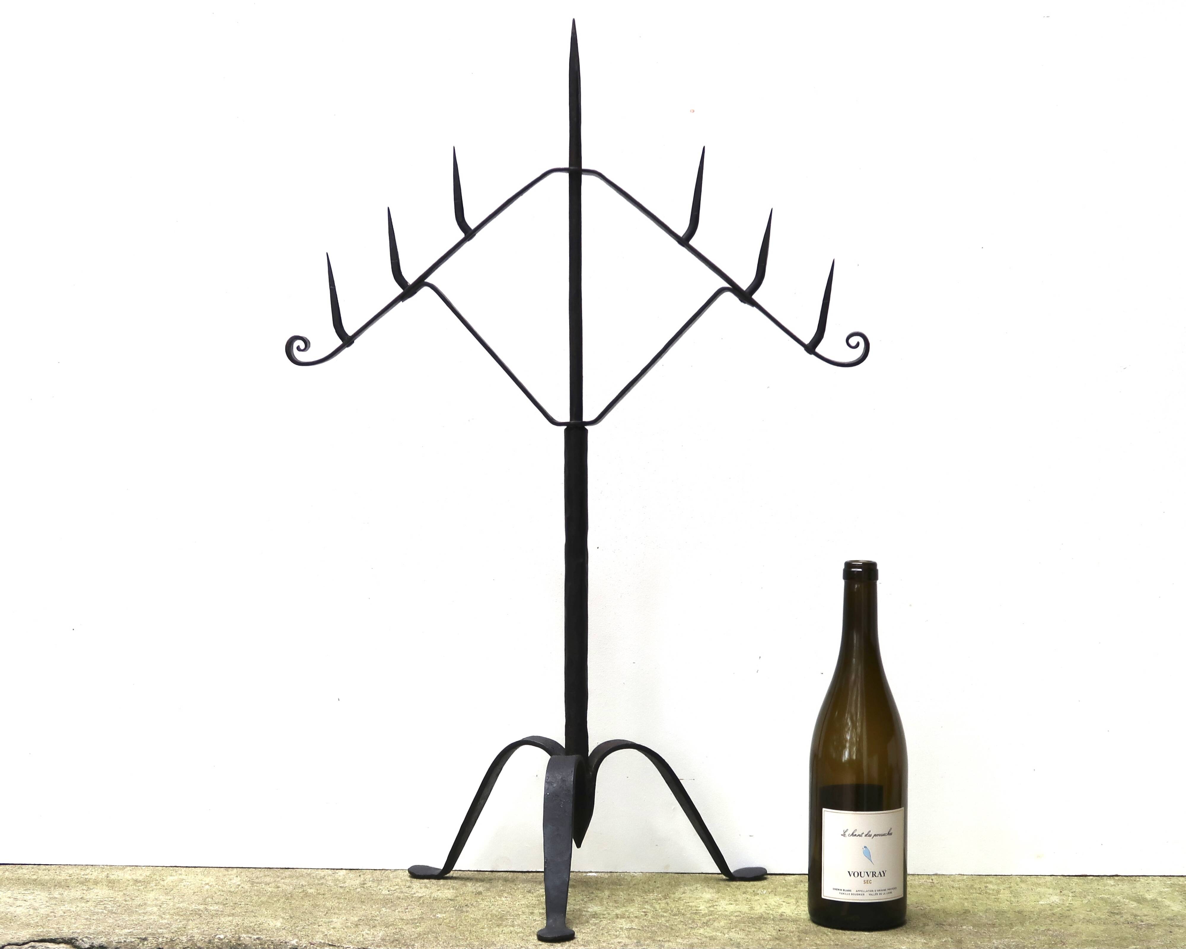 Large 7-arm wrought iron tripod candle holder, 1950s