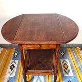 Folding dessert table in solid chestnut, 2 drawers, wheels, 20th century.