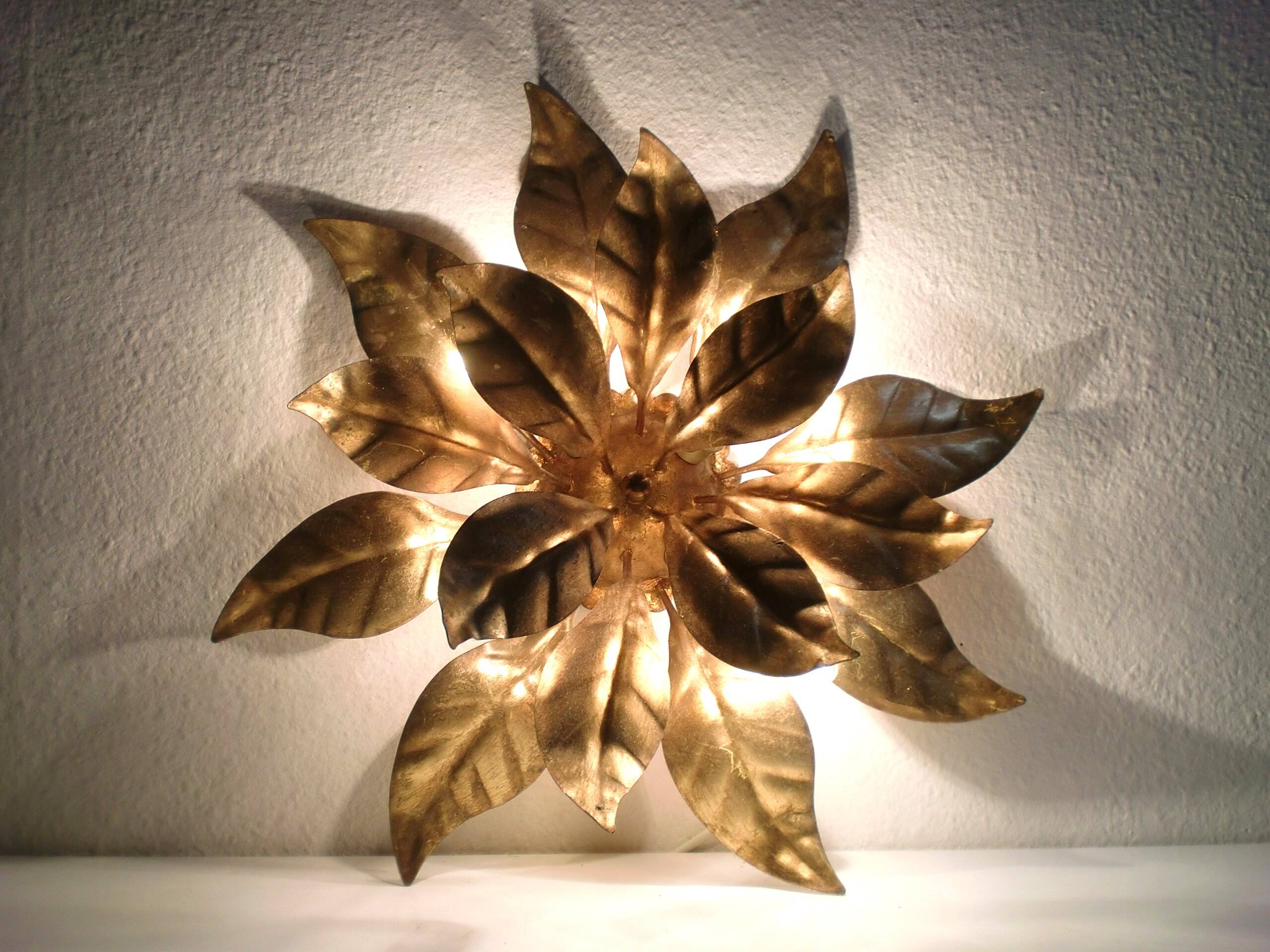 Pair of Florentine Wall Lamps / Ceiling Lights Golden Metal Leaves