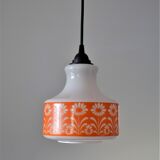 Seventies chandelier in white opaline decorating orange flowers