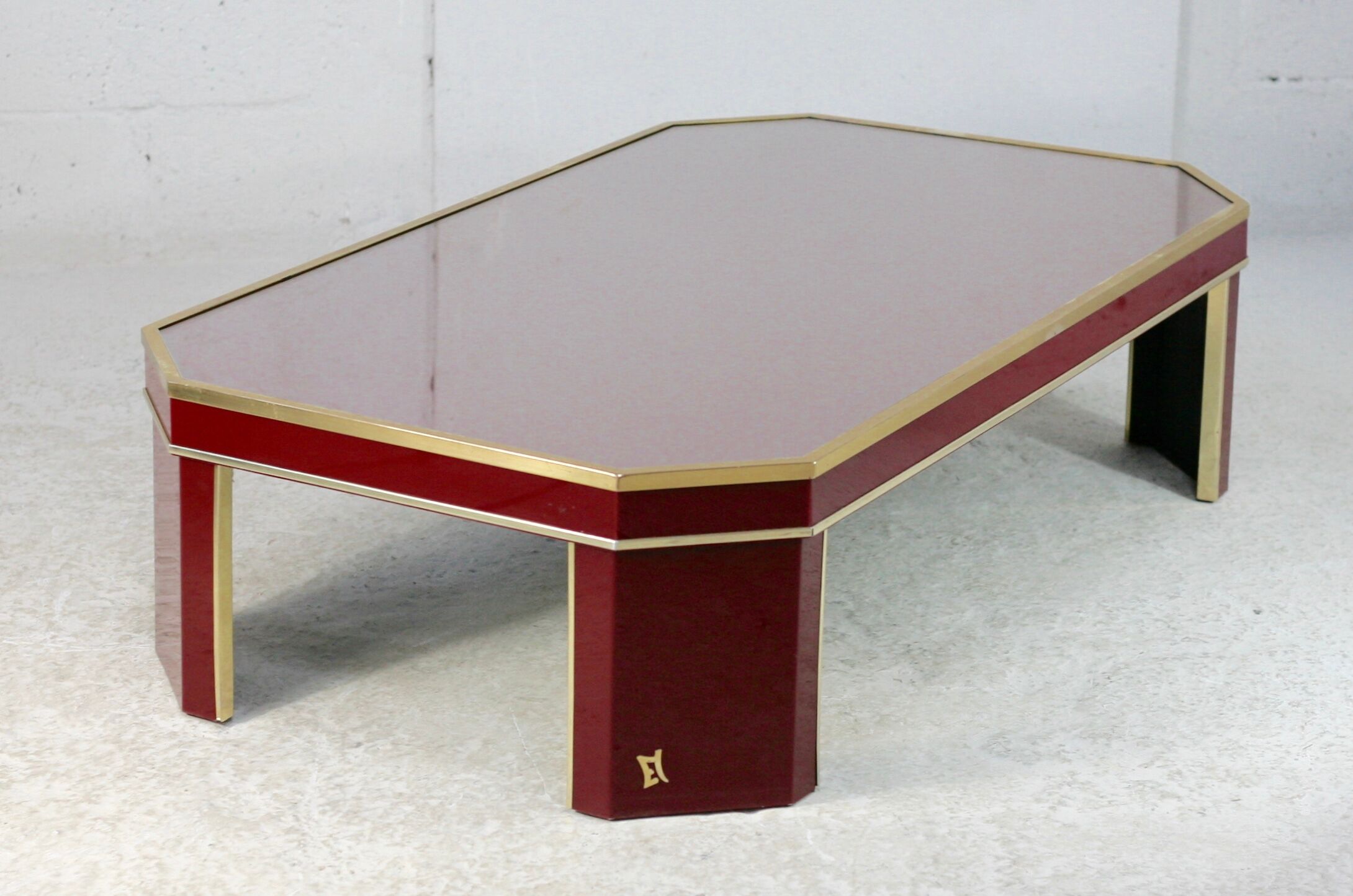 Coffee table Eric Maville glass brass plexiglass wood France, 70s. Small scratches. small
