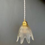 Vintage tulip flower pendant light in ribbed glass