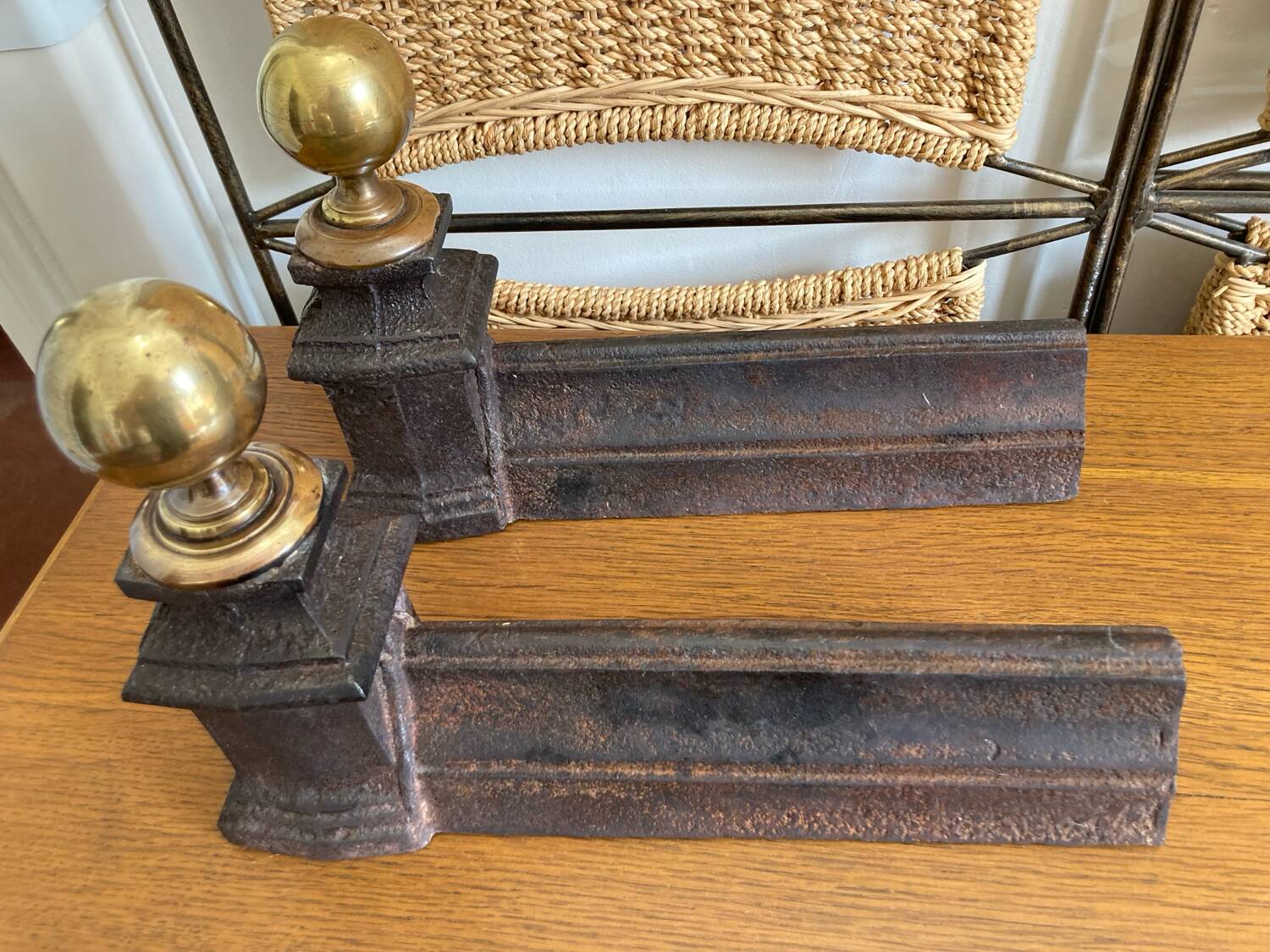 Pair of antique bedside tables in cast iron and brass