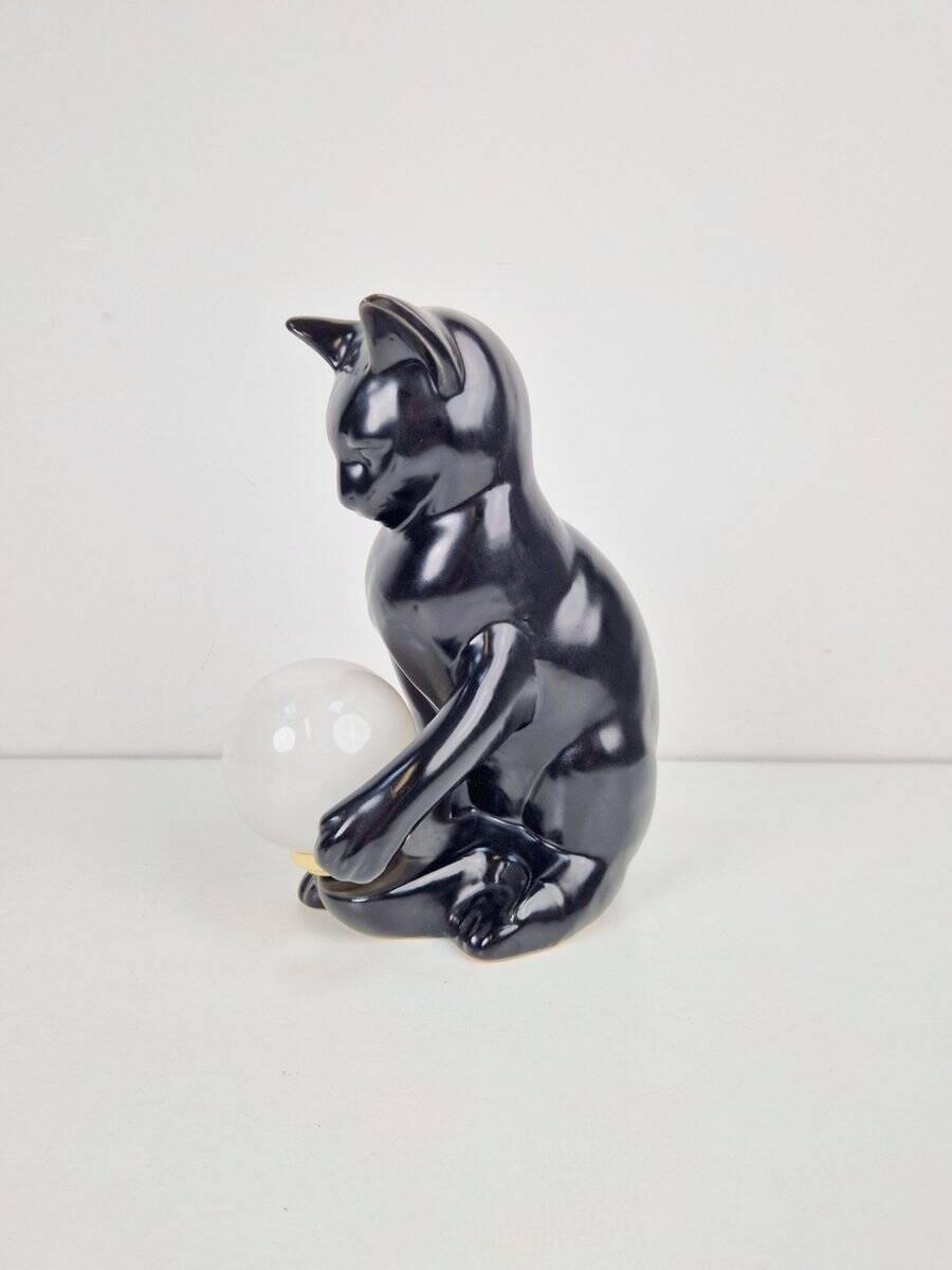 Mid-Century Cat Sphere Table Lamp in Ceramic and Opal Glass, 1970s