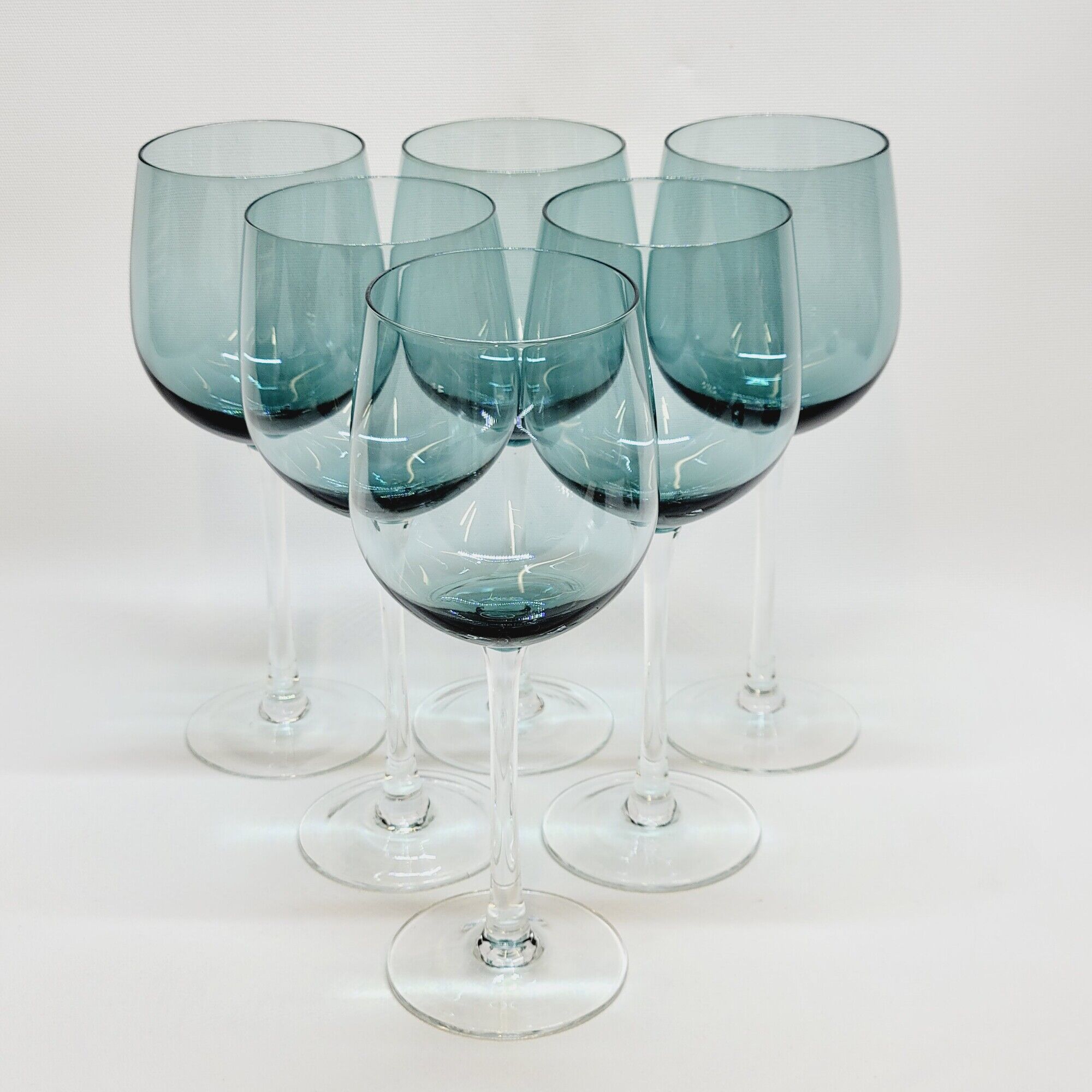 6 Large Wine or Water Balloon Glasses in Petrol Blue Color Blown Glass