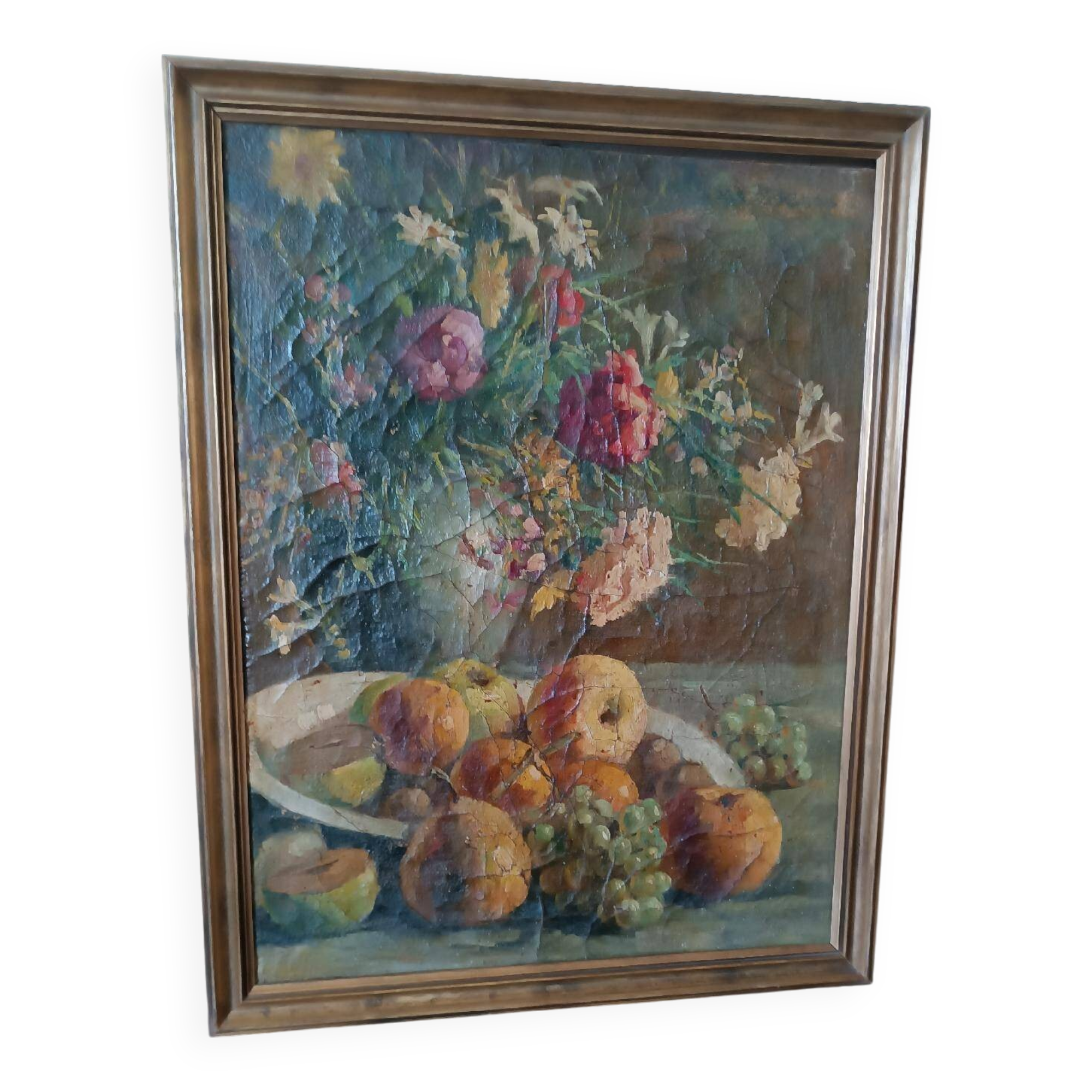 19th century oil painting on canvas fruit vase with flowers