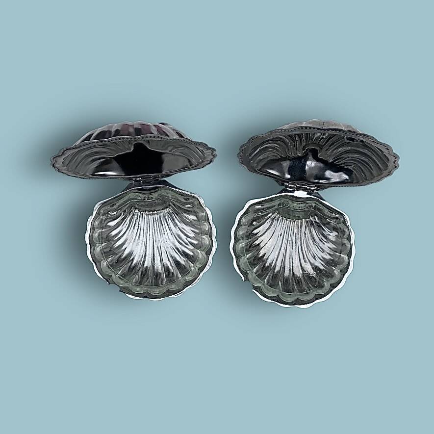 Pair of vintage shell-shaped butter dishes – stainless steel and glass