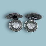 Pair of vintage shell-shaped butter dishes – stainless steel and glass