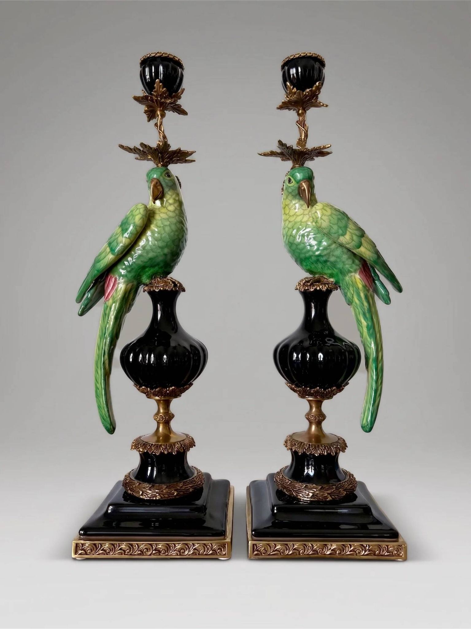 Pair of parrot candlesticks in porcelain and gilded bronze – Louis XVI style – 47 cm
