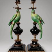 Pair of parrot candlesticks in porcelain and gilded bronze – Louis XVI style – 47 cm
