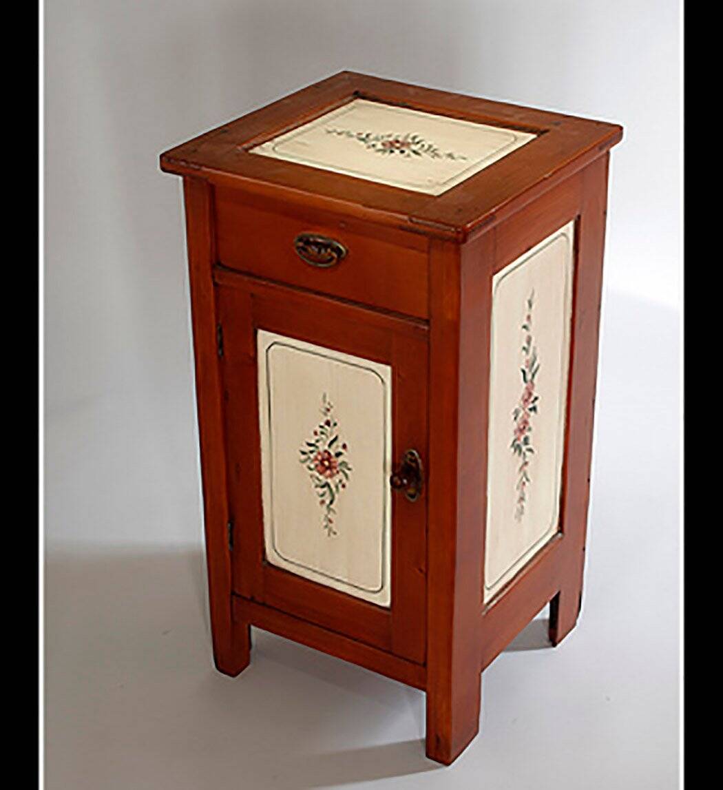 Vintage brown wooden bedside table hand-painted from the 1950s with a drawer and door.