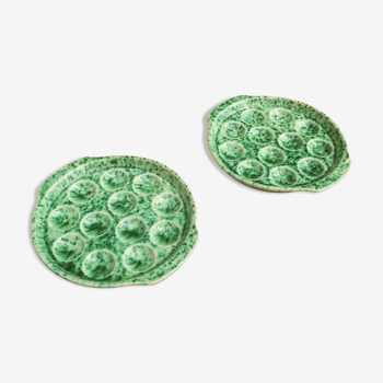 Ensemble de 2 plats à escargot en Faience de Gien verte