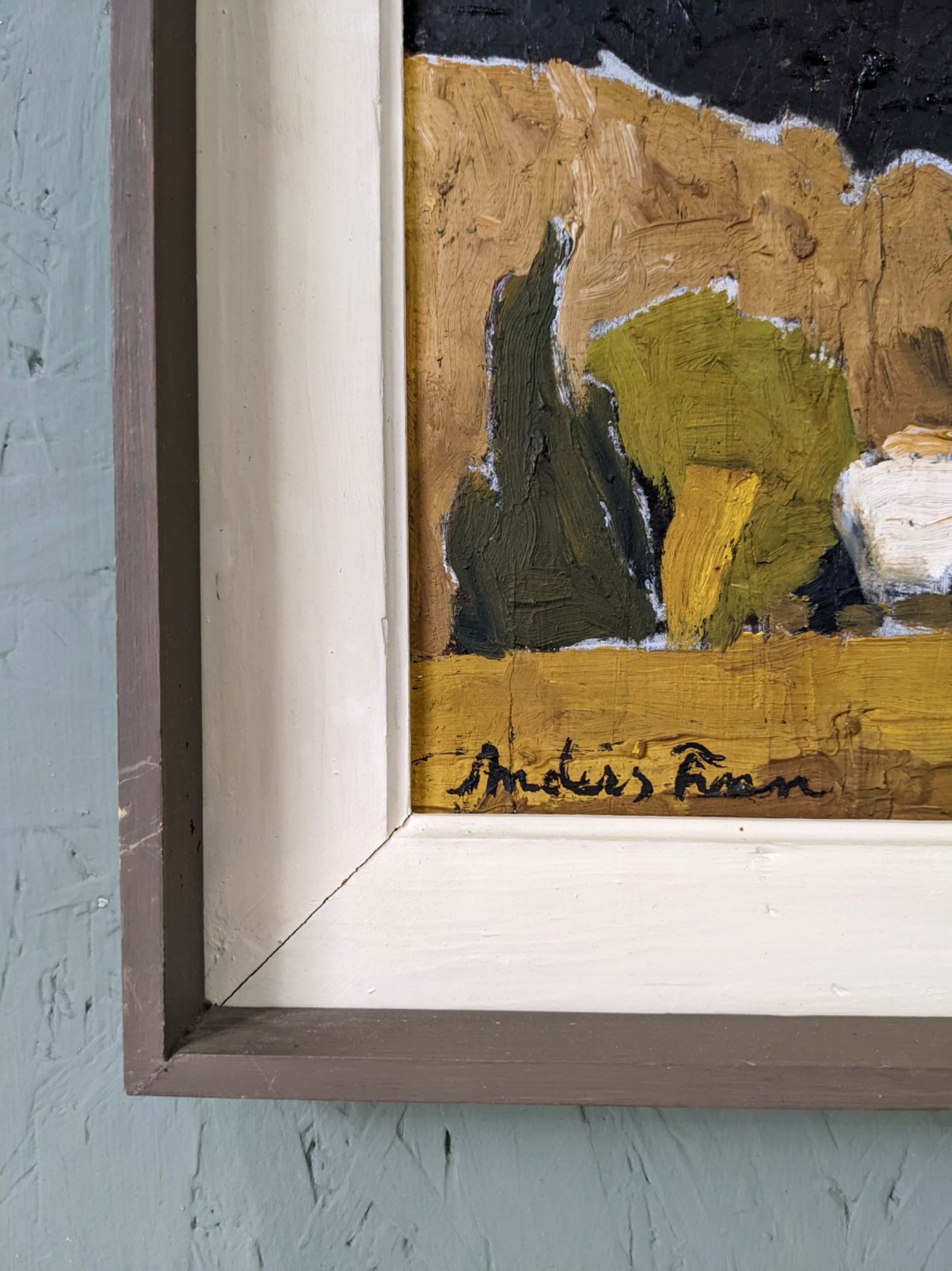 Mid-Century Modern Swedish Oil Painting "White Village" Vintage Framed Landscape