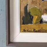 Mid-Century Modern Swedish Oil Painting "White Village" Vintage Framed Landscape