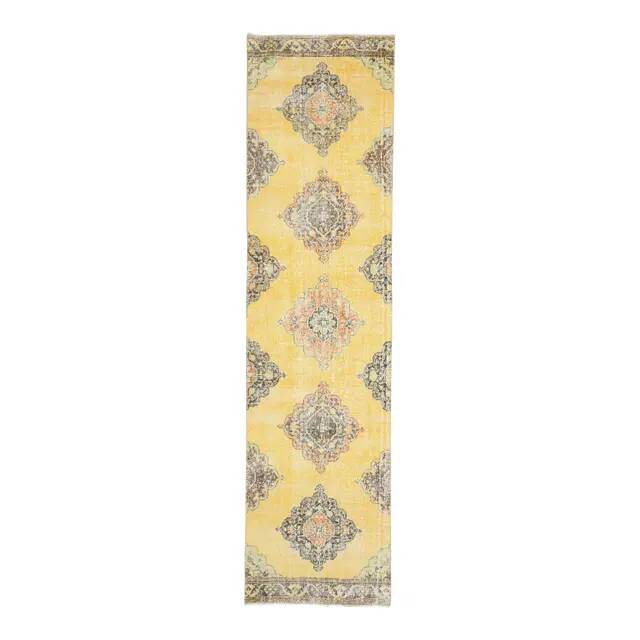1970s Turkish Oushak Handmade Wool Cotton Yellow Runner 96x385