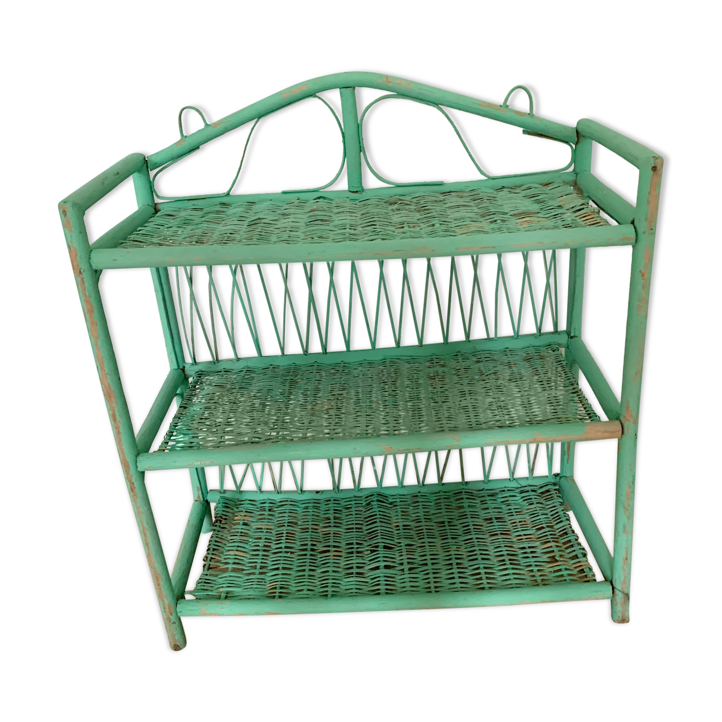 Green painted vintage rattan shelf