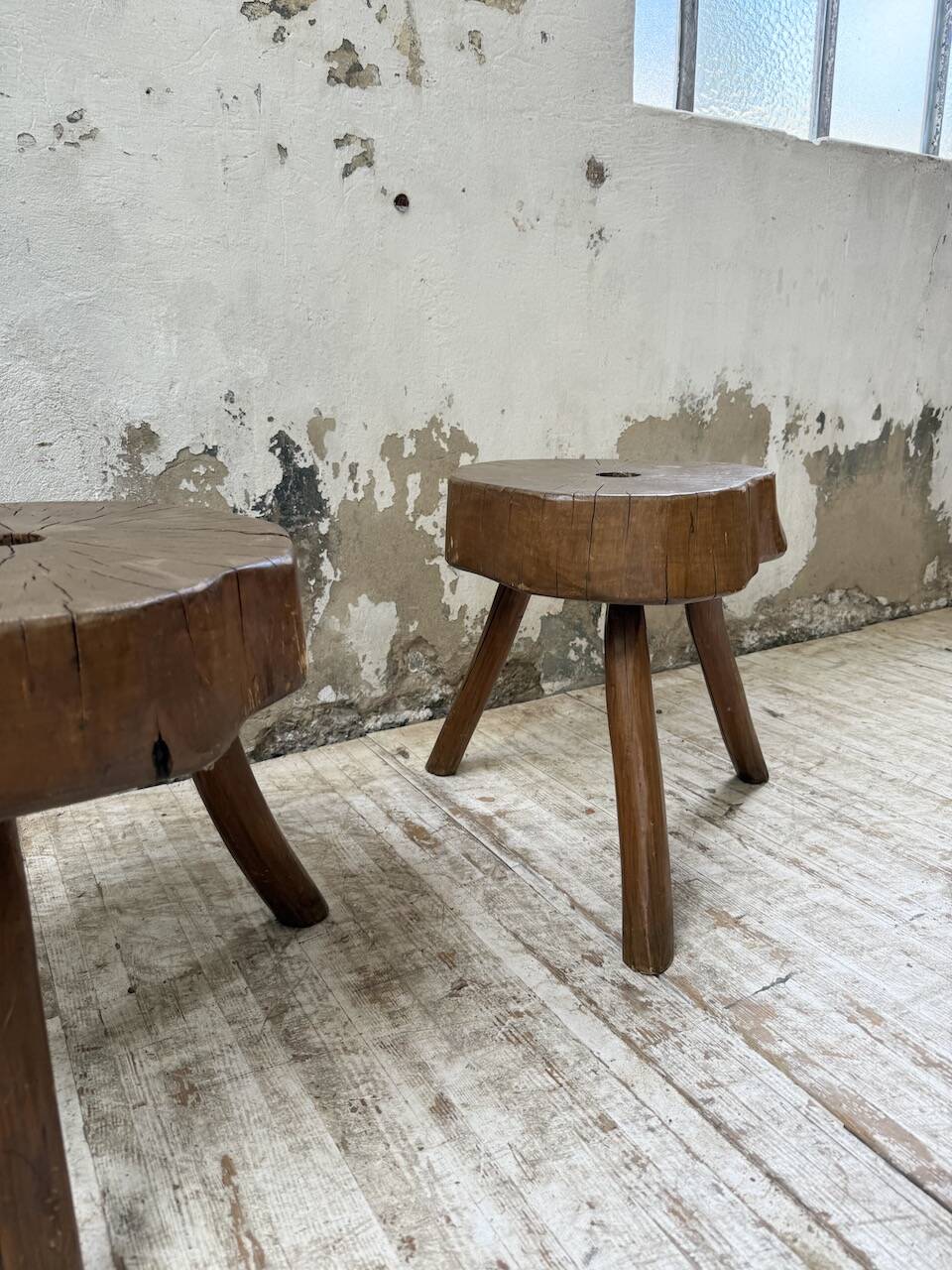 Pair of oak tripod shepherd's stools