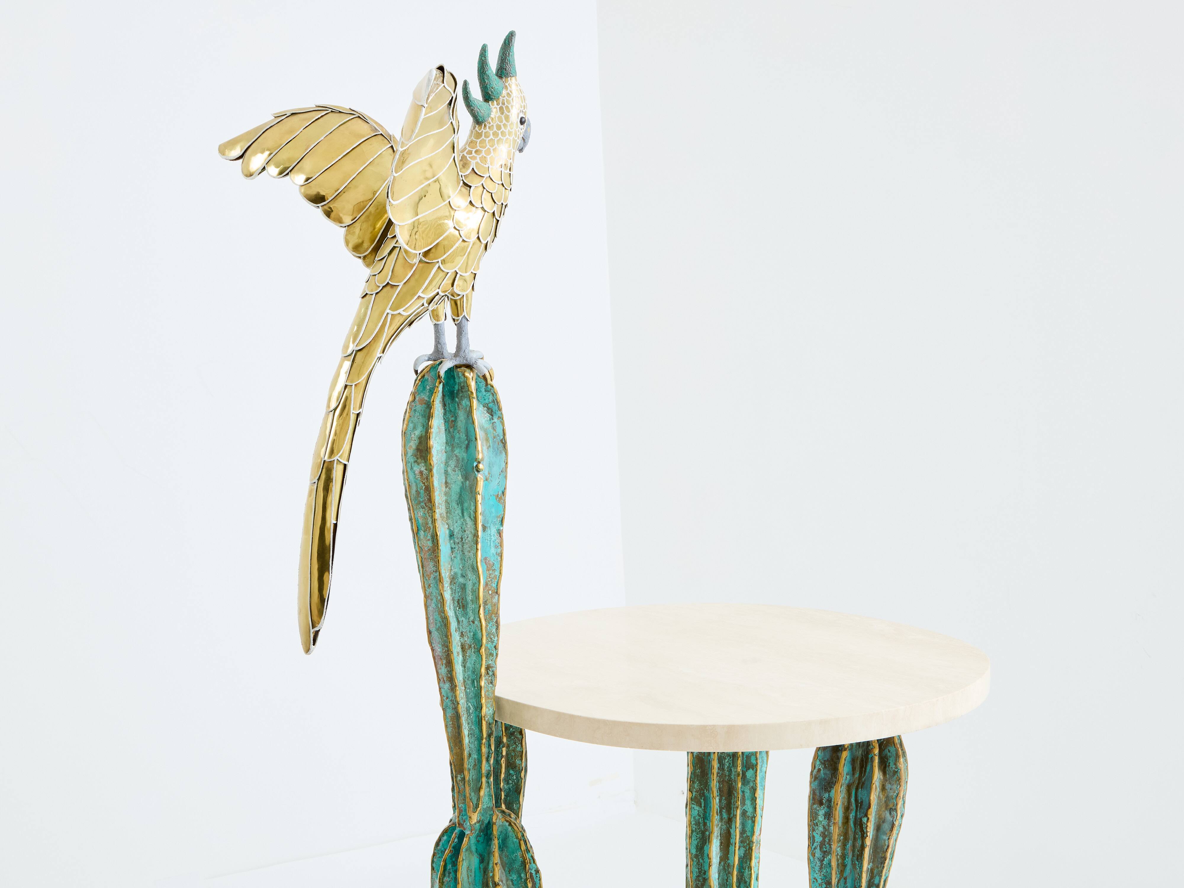 Brass cactus and parrot sculpture console Alain Chervet 1989