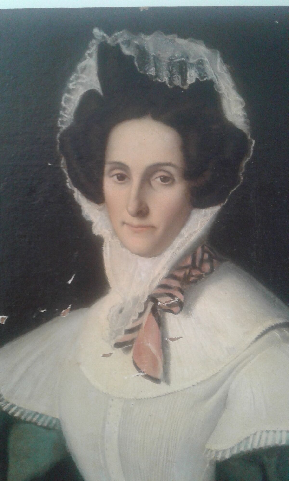 Old portrait painting oil on canvas "lady with lace cap" 19th