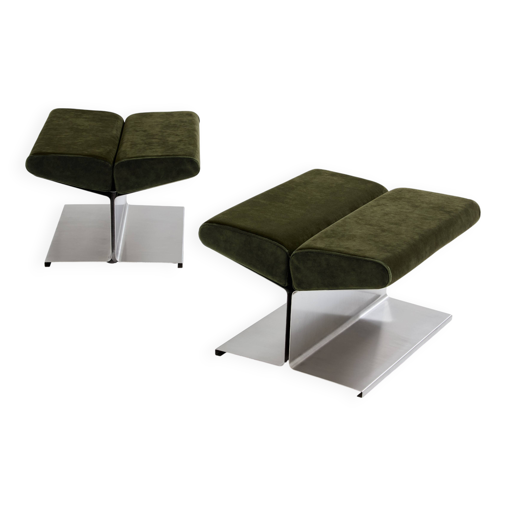 Pair of ottomans by Paul Geoffroy, brushed steel and alcantara, 1975