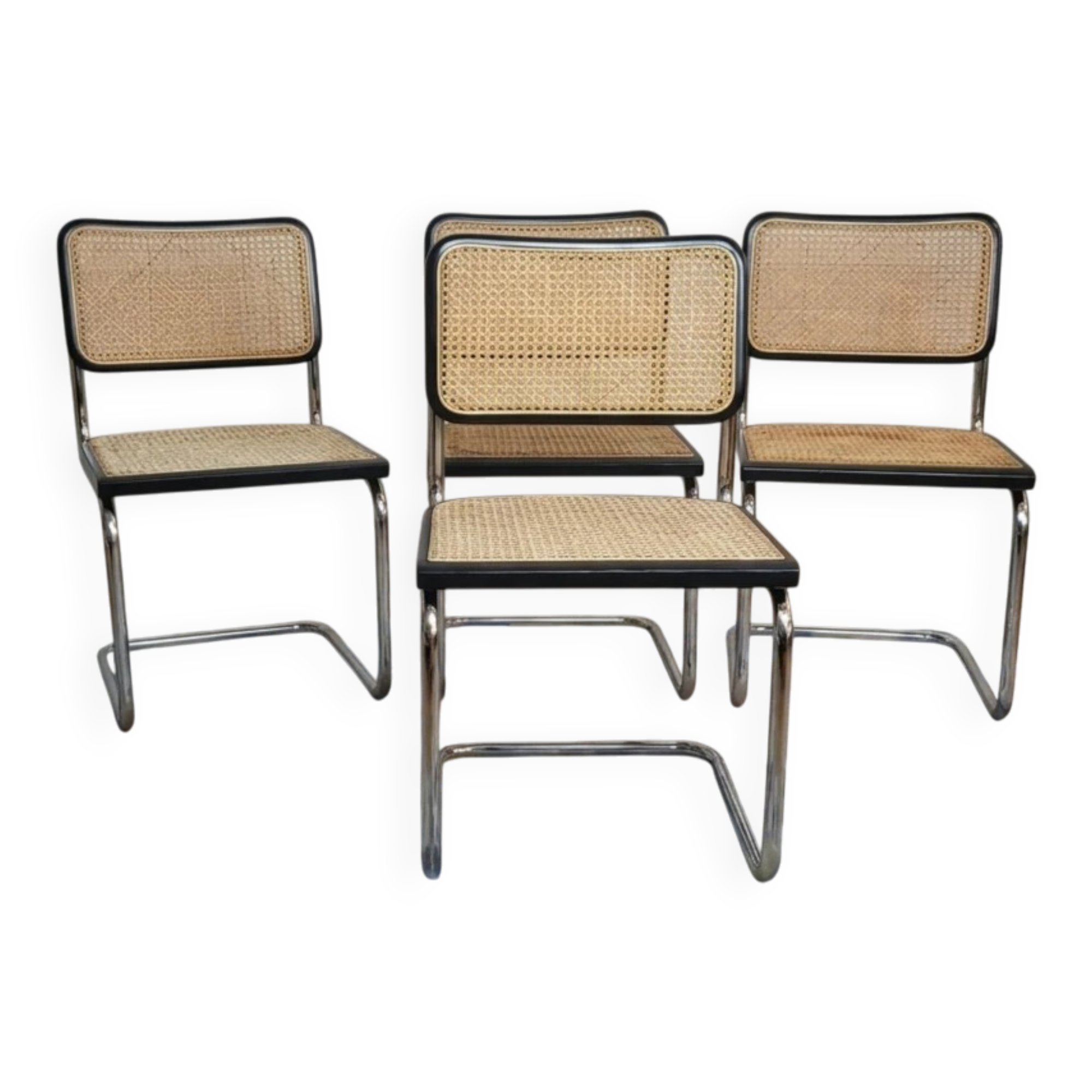 Set of 4 black Cesca B32 chairs after Marcel Breuer, Italy.