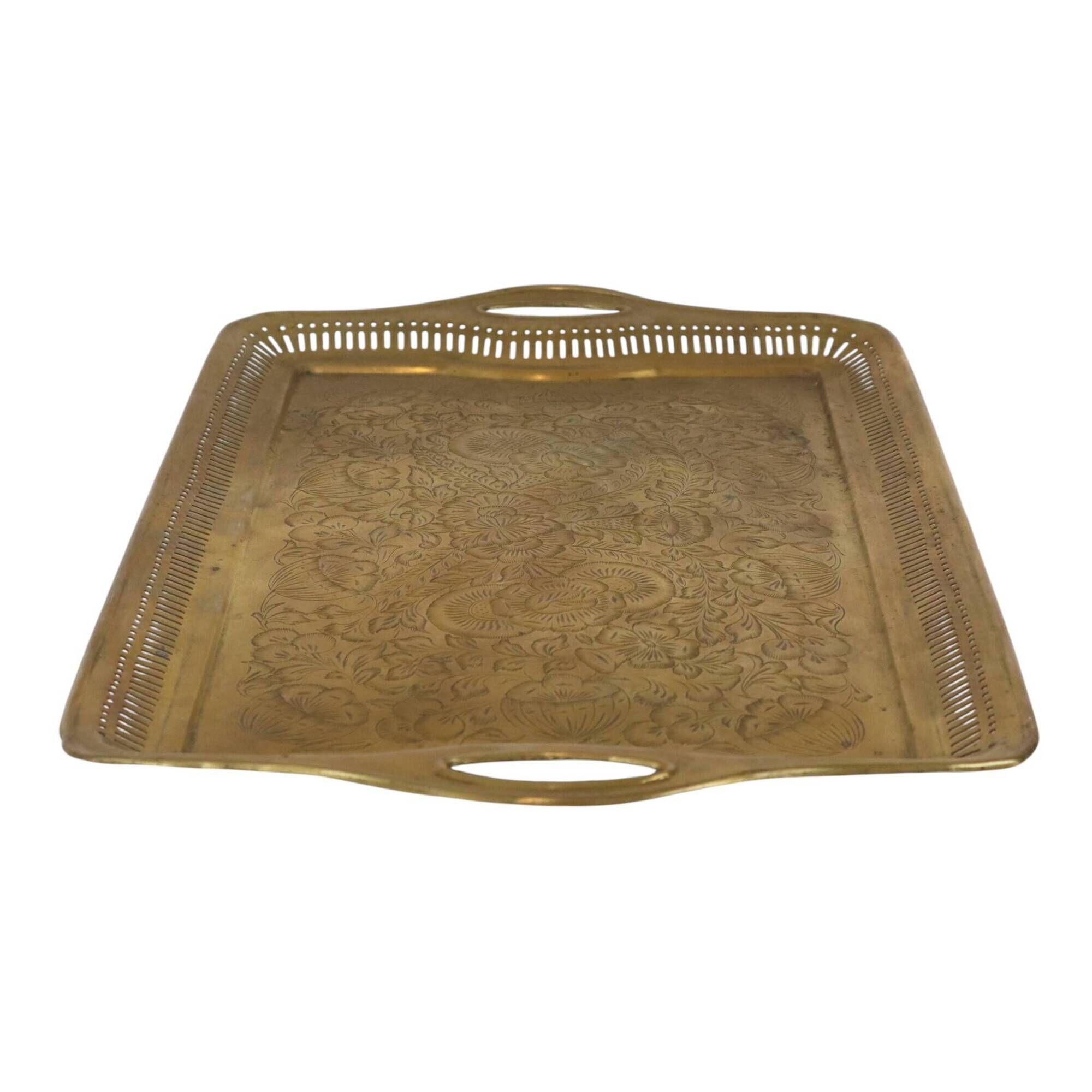 Vintage Oriental Brass Tray with Floral Decoration, 50 cm