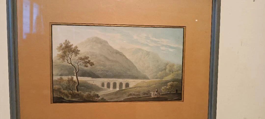 19th Century Watercolour on Paper – Landscape with Aqueduct and Bridge
