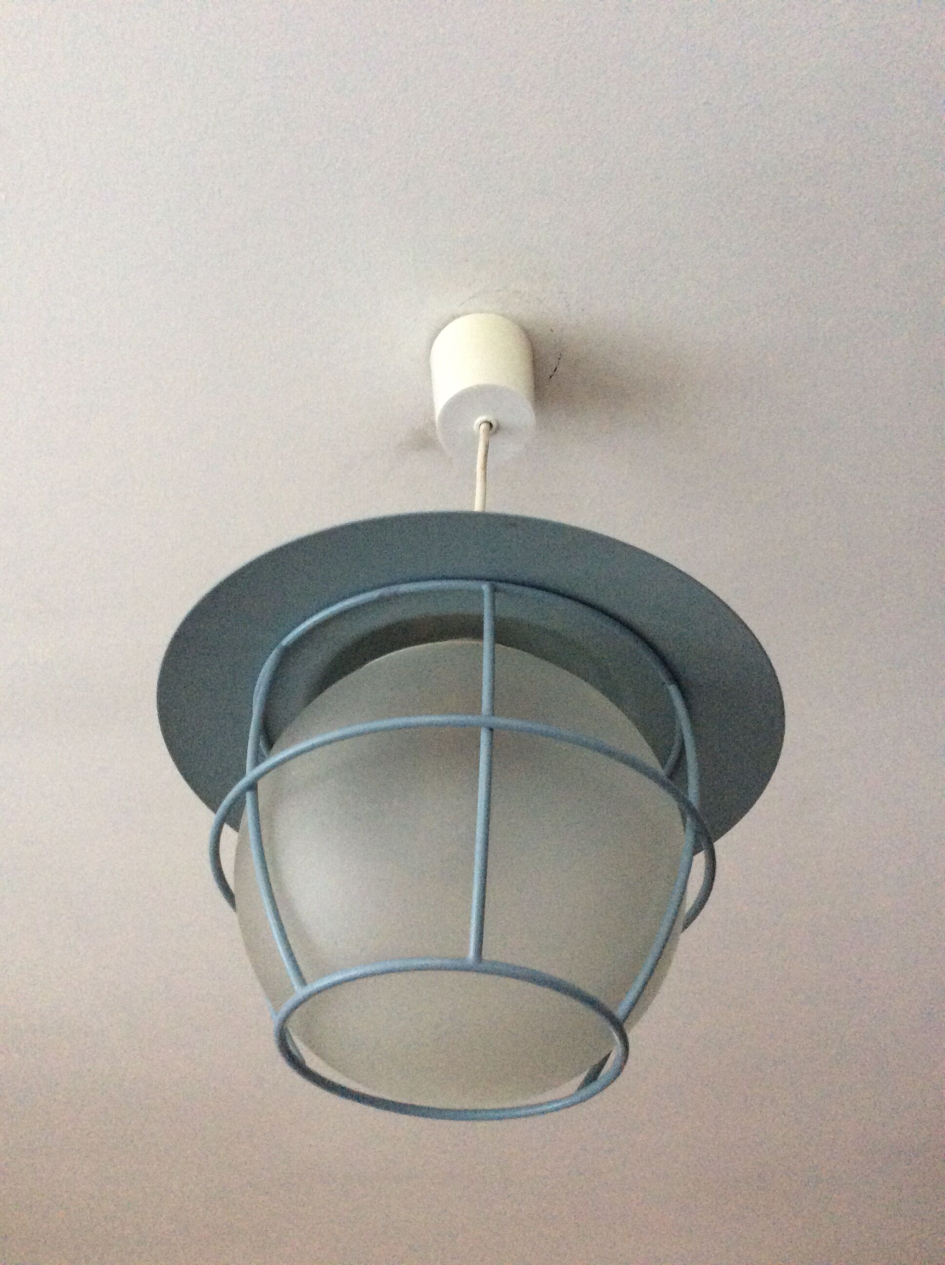 Suspension of the 70s cage in blue metal and frosted glass