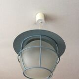 Suspension of the 70s cage in blue metal and frosted glass