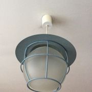 Suspension of the 70s cage in blue metal and frosted glass