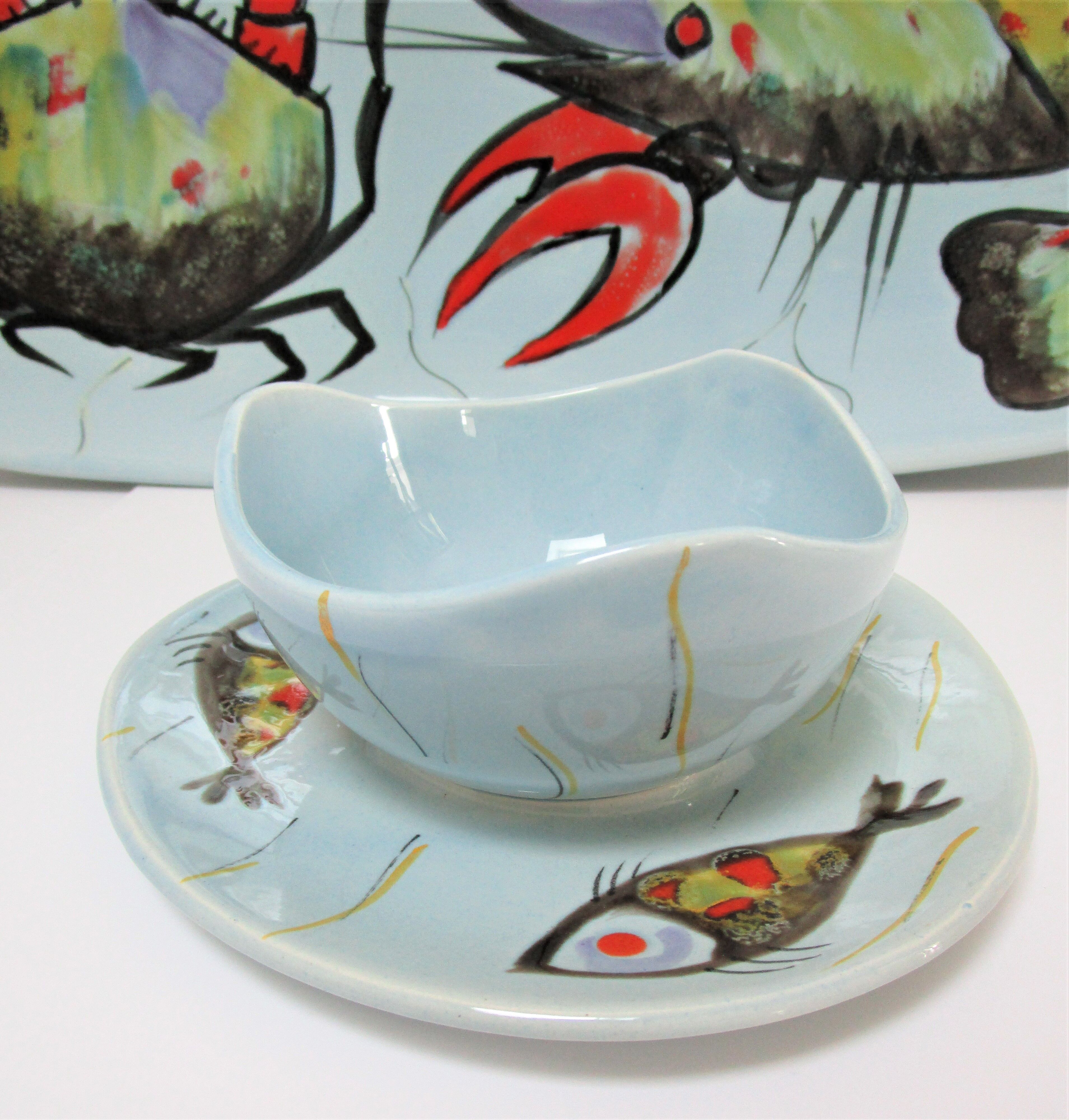 Dish and sausage fish crustaceans earthenware Pornic Bernard Serraz design 60s