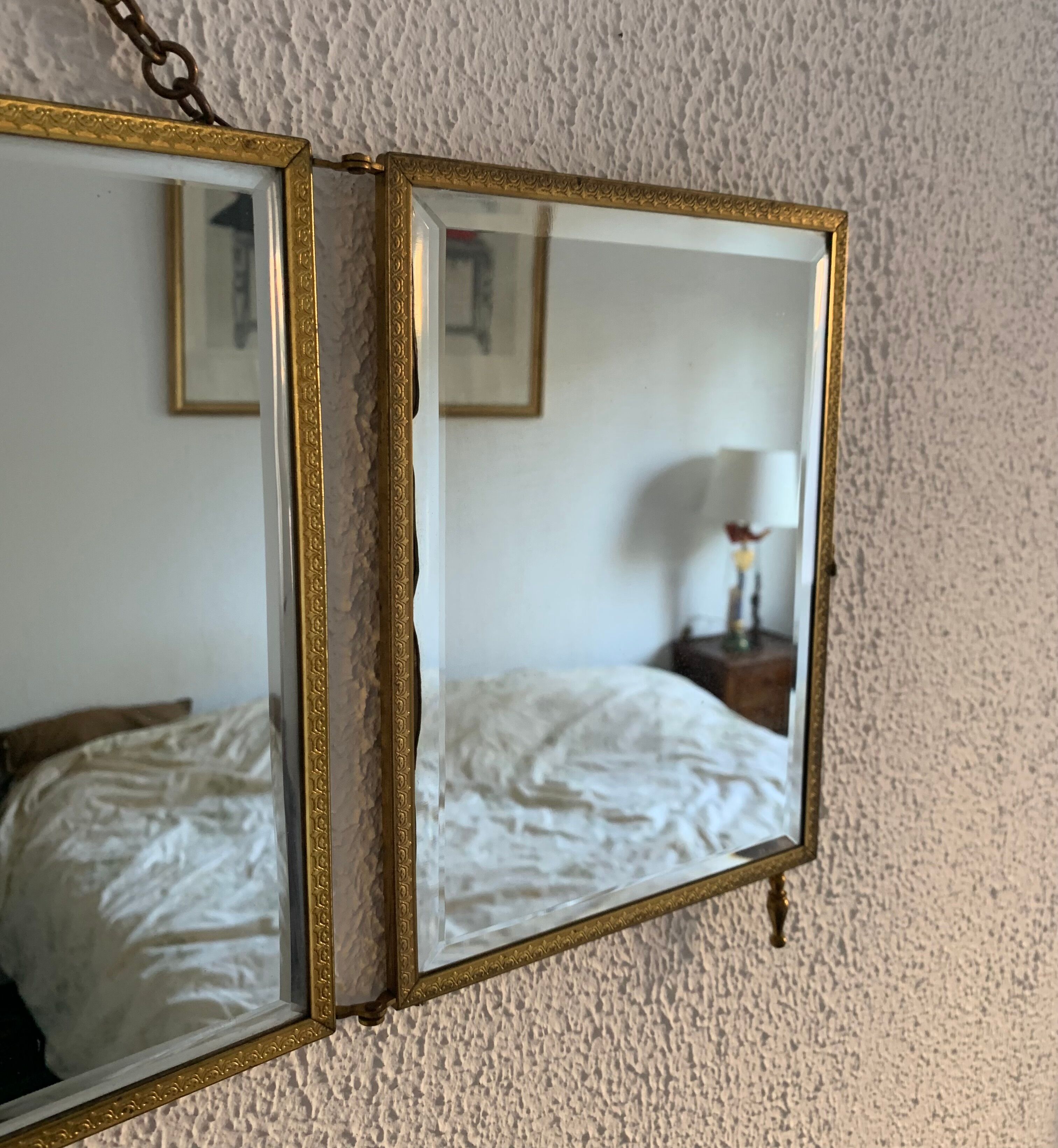 Vintage mirror 1900 triptych barber brass chiseled - 27 x 58 cm