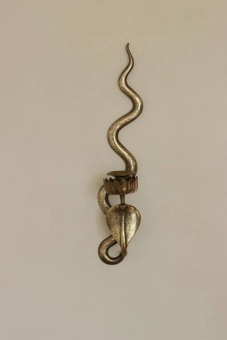 Pair of Egyptian Revival Style Engraved Brass Cobra Sconces