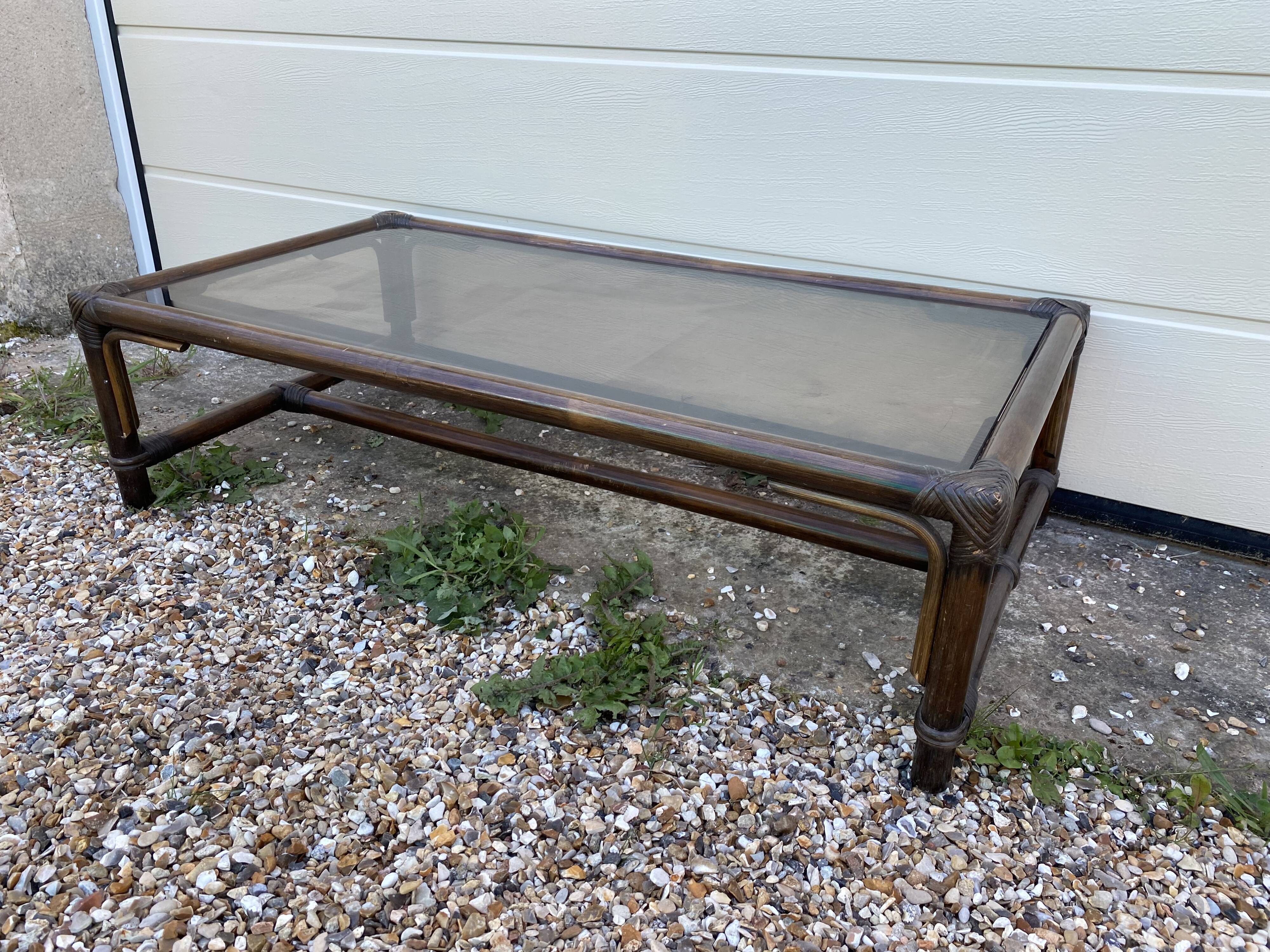 Rattan coffee table and vintage glass