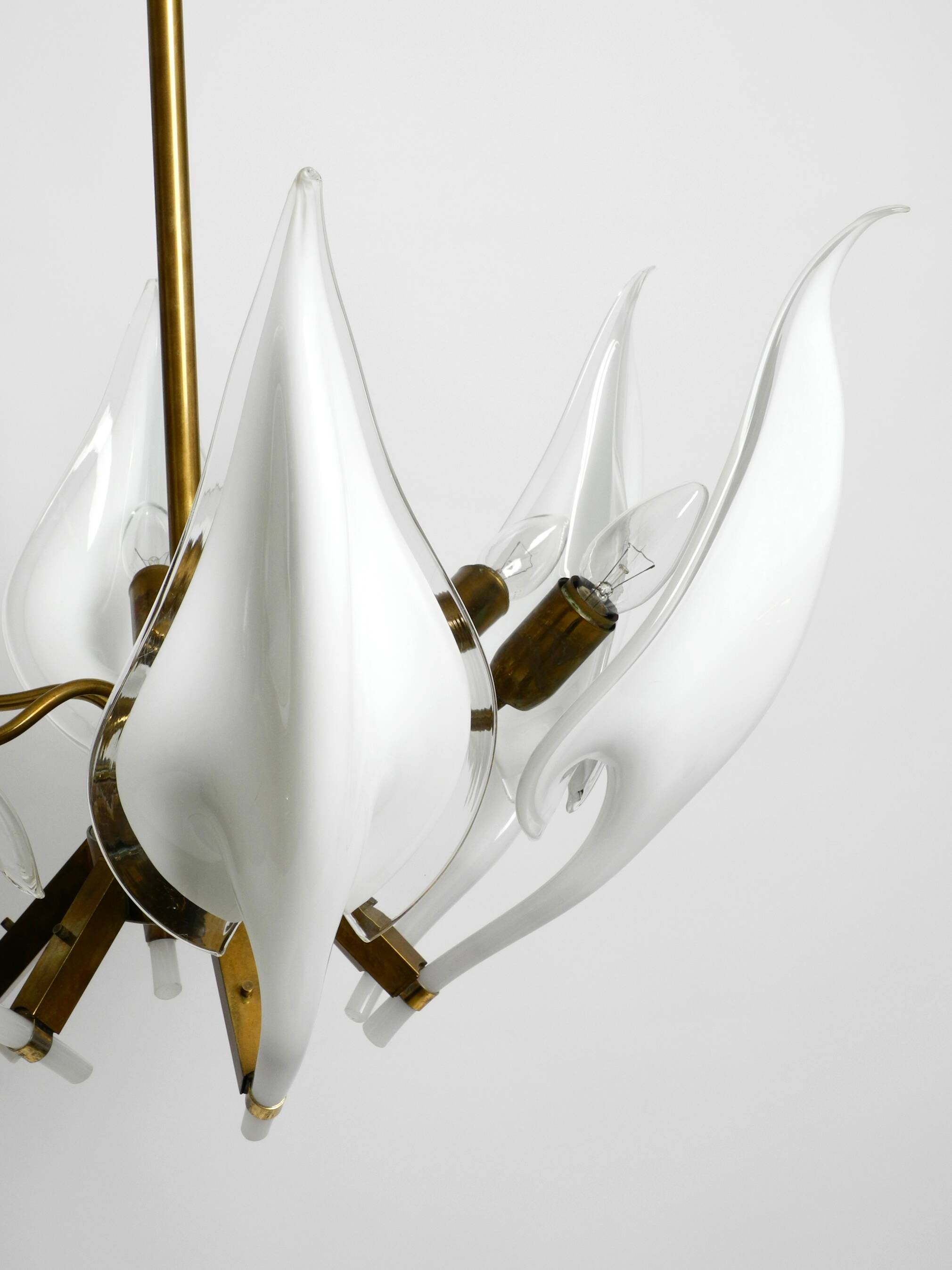 50s brass chandelier with white and transparent Murano glasses Franco Luce