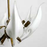 50s brass chandelier with white and transparent Murano glasses Franco Luce