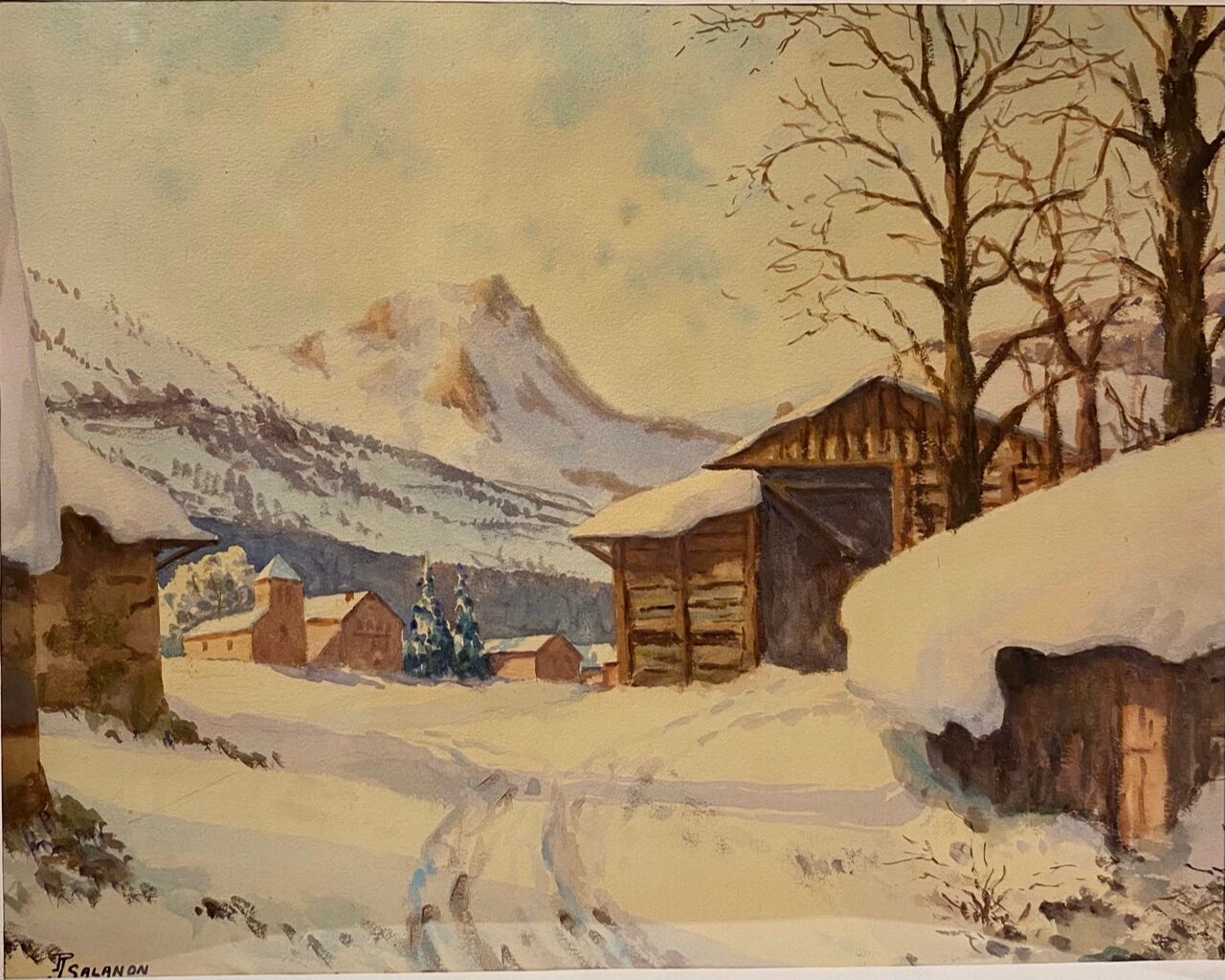 Old painting, snow landscape signed Salanon, mid-20th century