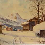 Tableau ancien, paysage de neige signé Salanon  milieu du XX siècle