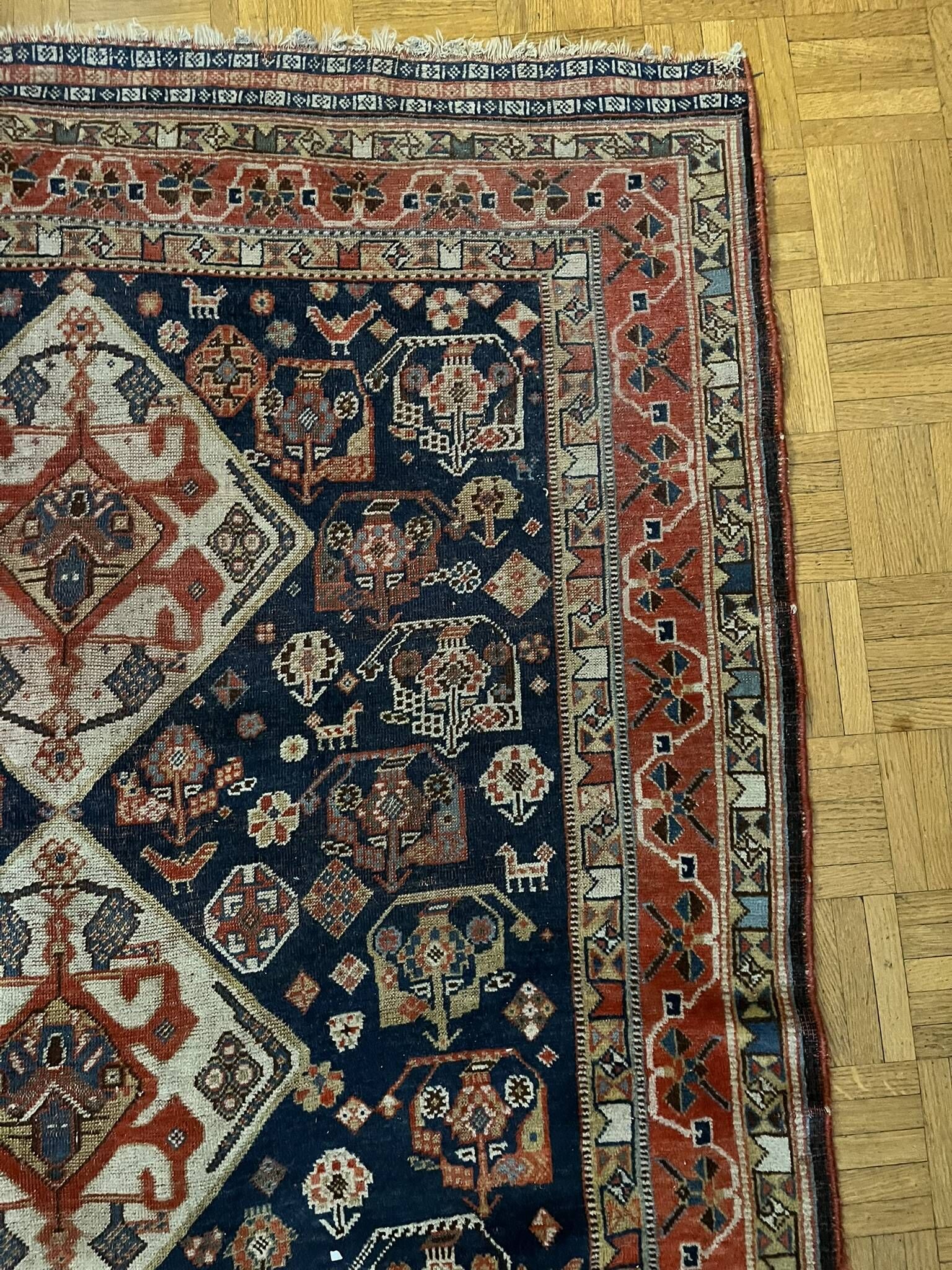 Antique handmade Persian Qashqai nomadic rug – blue background 94x112cm