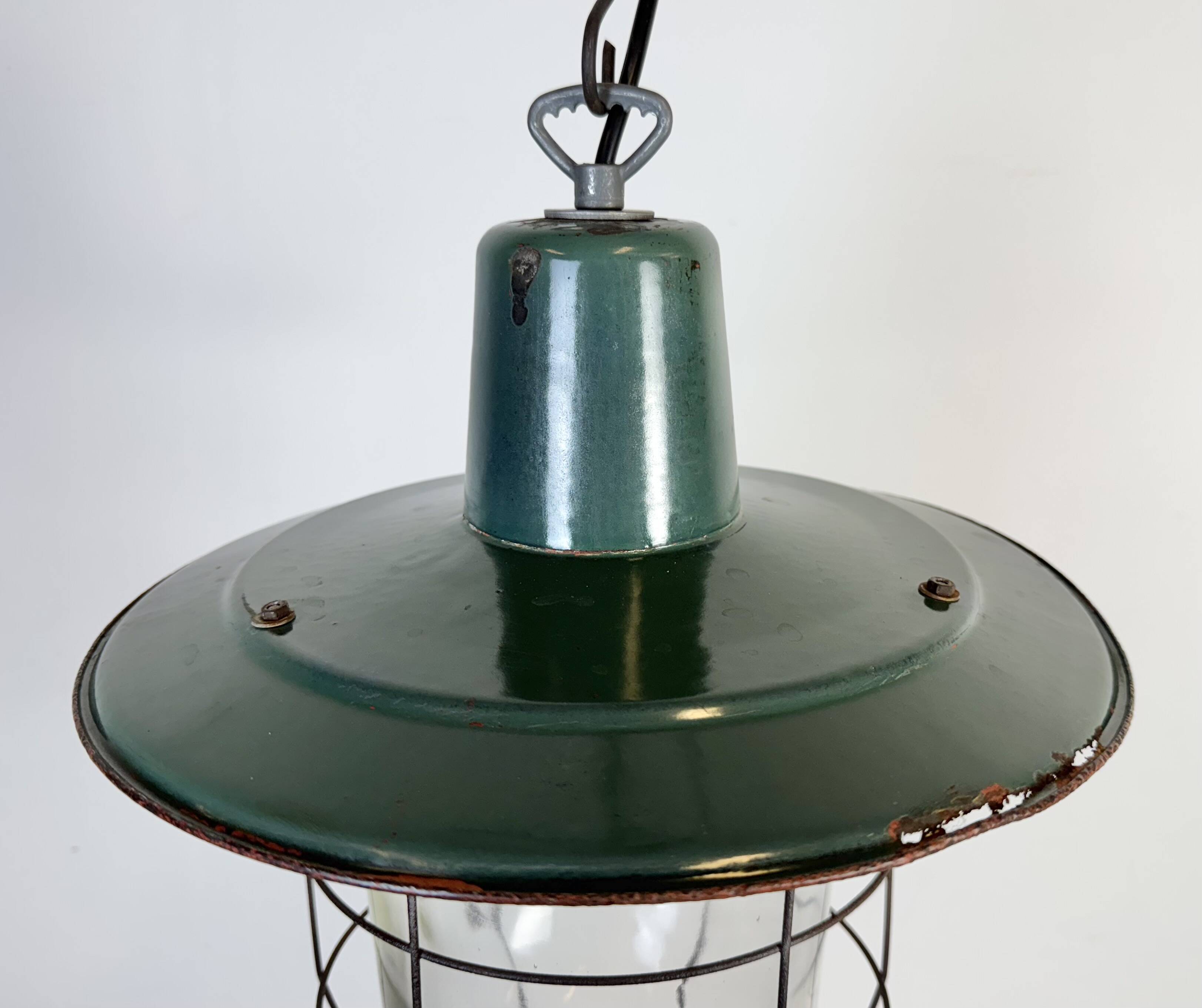 Industrial Green Enamel Cage Pendant Light, 1960s