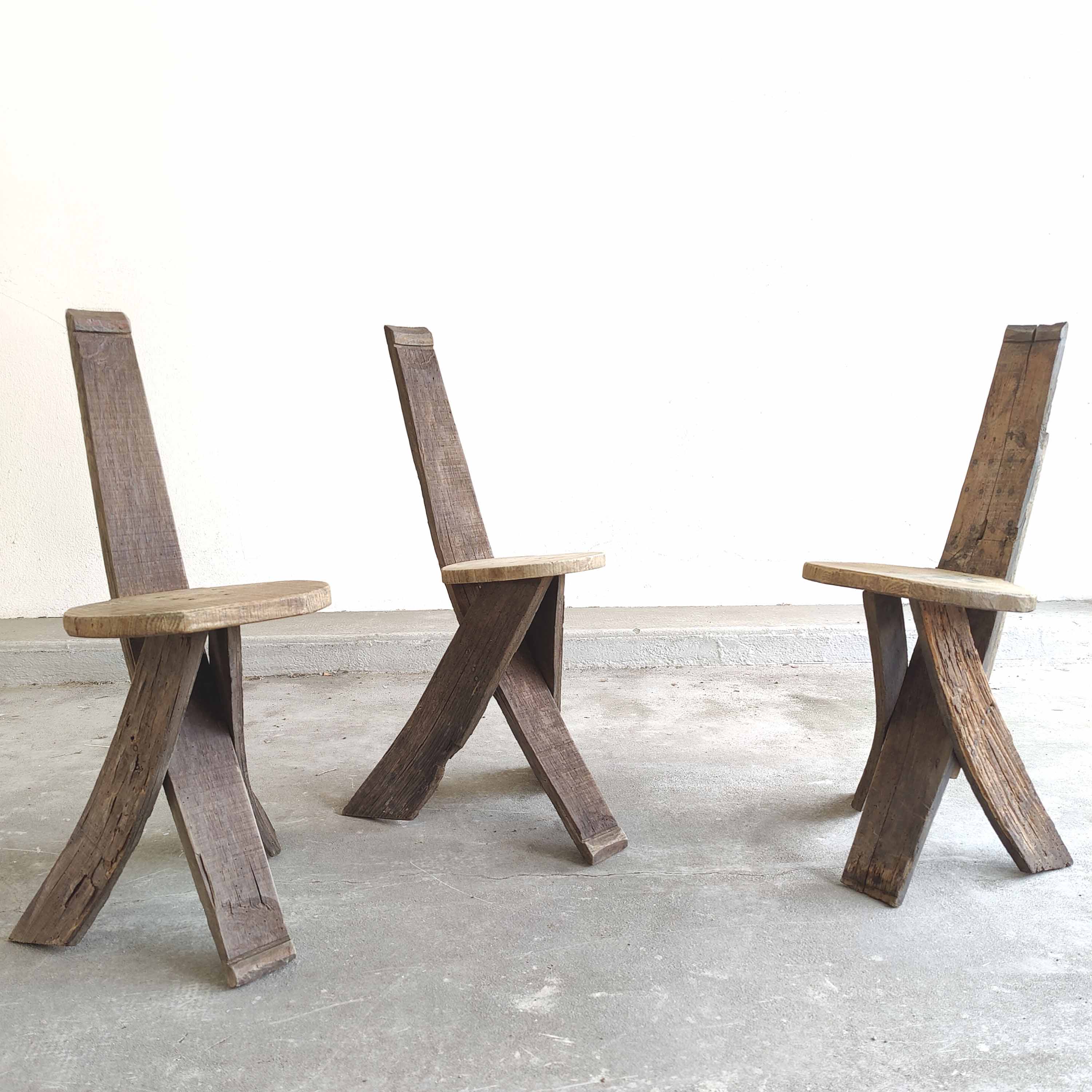 Set of 3 chairs brutalist tripod solid wood