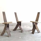 Set of 3 chairs brutalist tripod solid wood